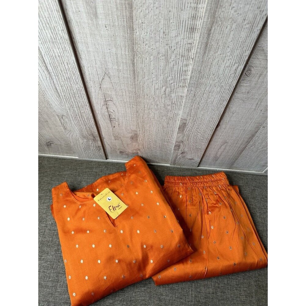 EWomens Indian Kurti & Pants Size Large Art Silk Woven Orange Gold with dupatta